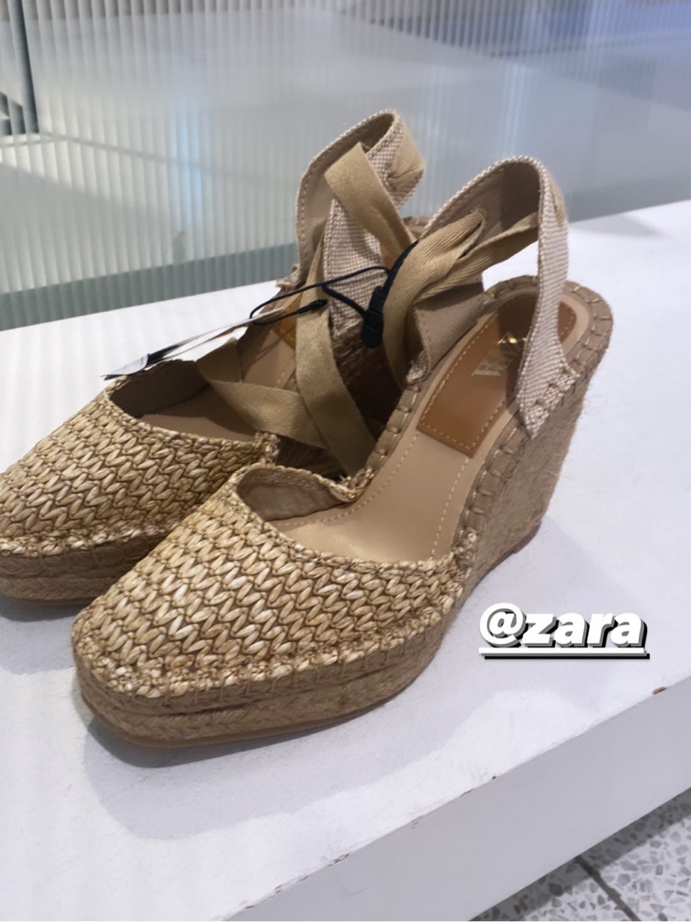 Zara Natural Raffia Wedge Espadrille with Ankle Wrap